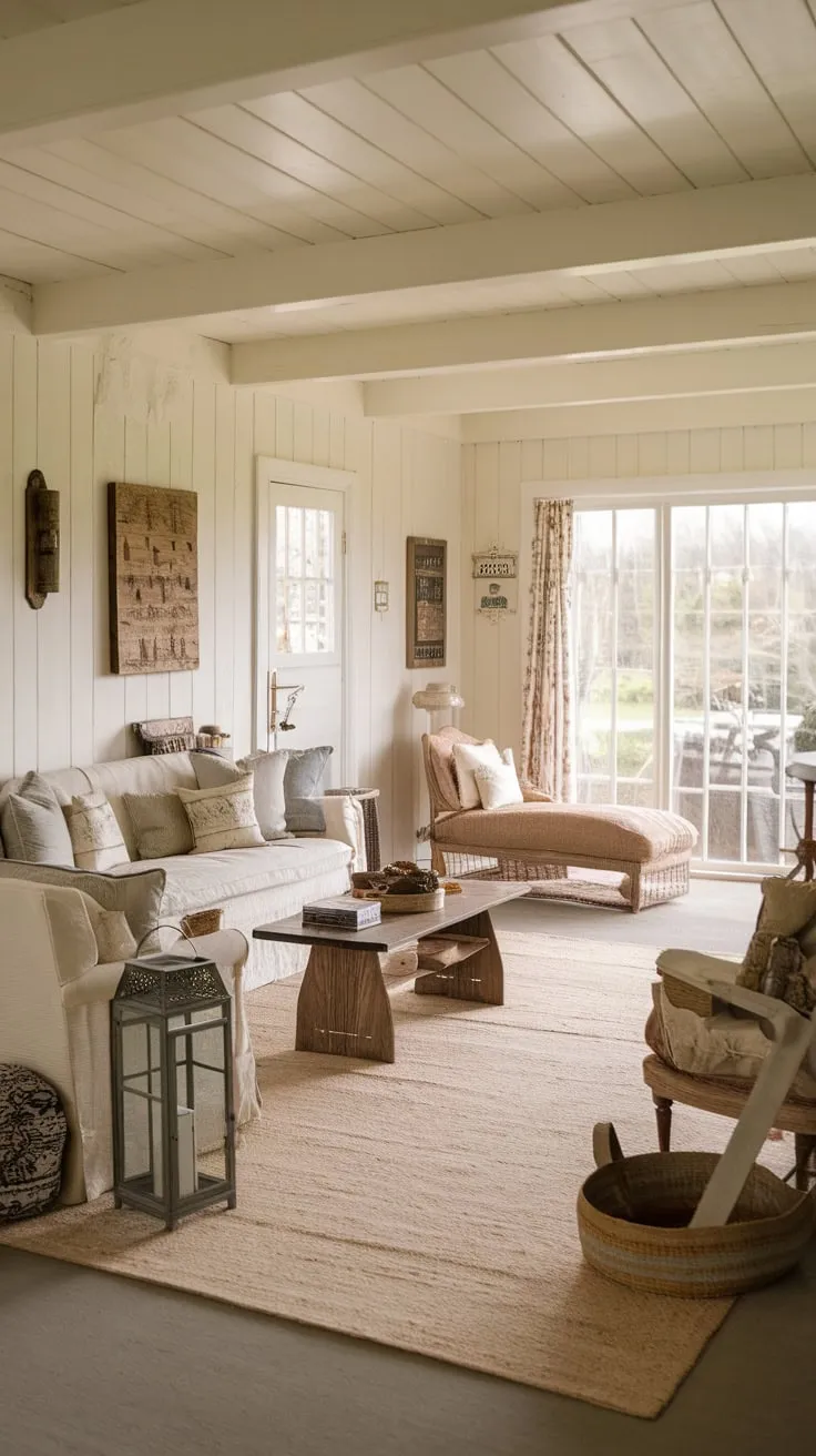 A cozy farmhouse living room, bathed in natural light, offers a tranquil escape with vintage details and comfortable seating.