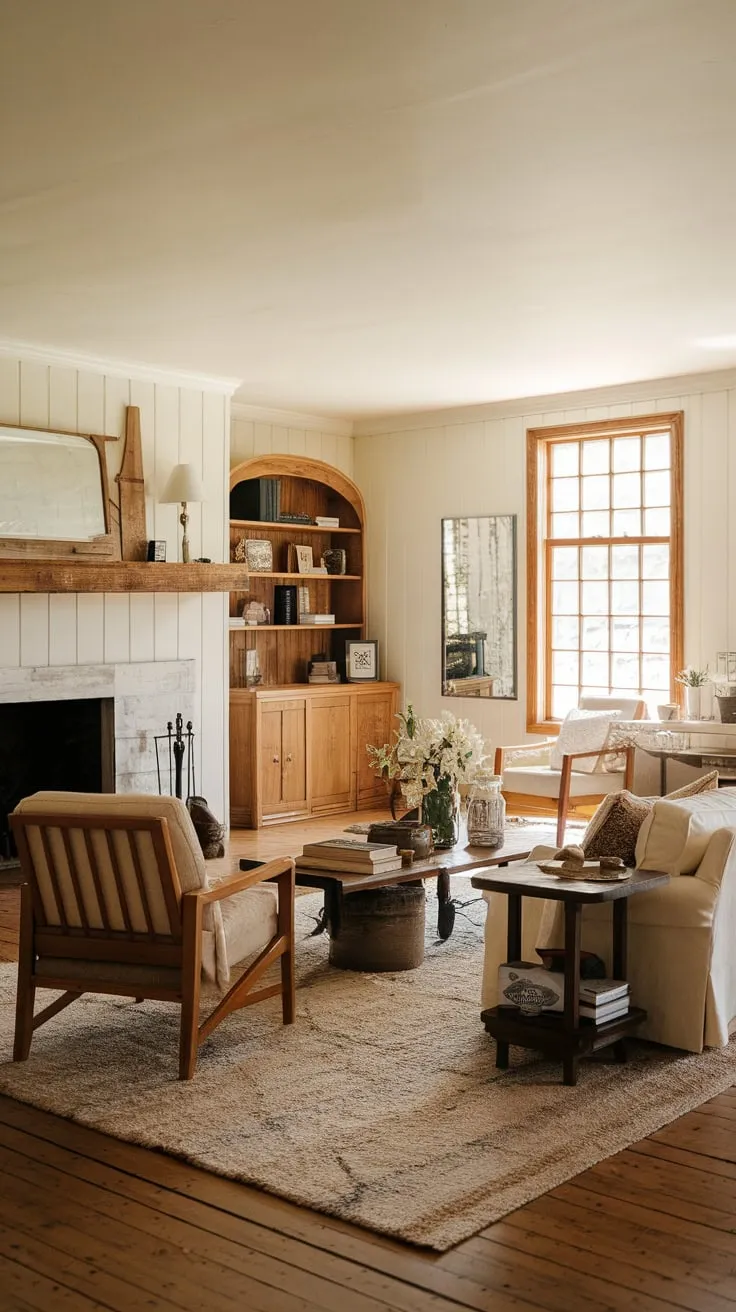 A vintage farmhouse living room evokes warmth with its wooden furniture, plush rug, and inviting fireplace against a creamy backdrop.