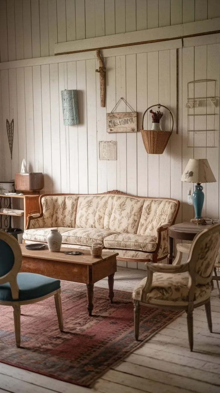 Creamy hues, floral patterns, and vintage finds create a cozy farmhouse living room atmosphere.
