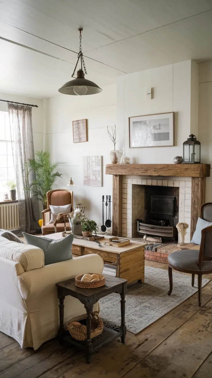 Warmth and charm fill a farmhouse living room, featuring a cream sofa, vintage wood accents, and a cozy fireplace.