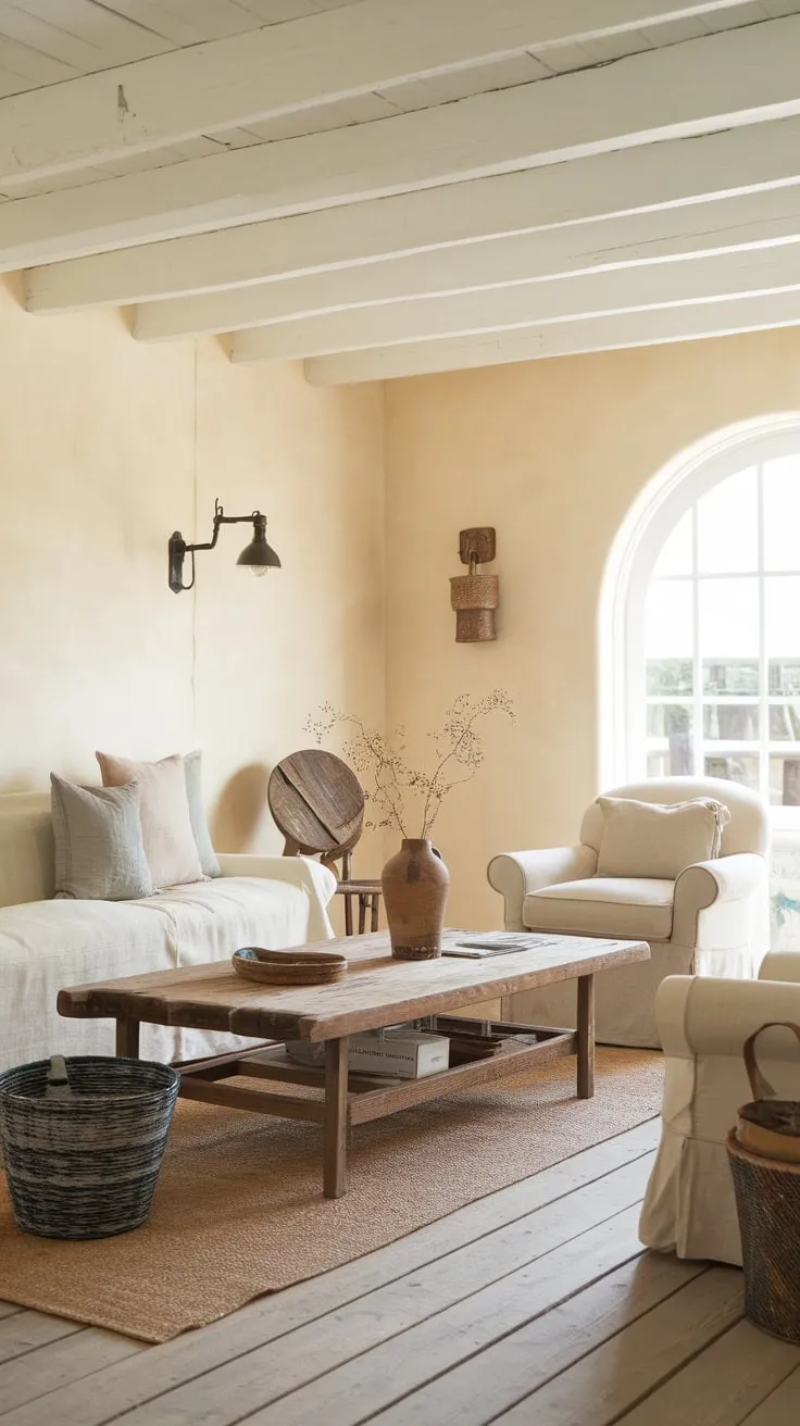 A beige sofa and armchair invite relaxation in this vintage farmhouse living room, warmed by wooden accents and soft lighting.