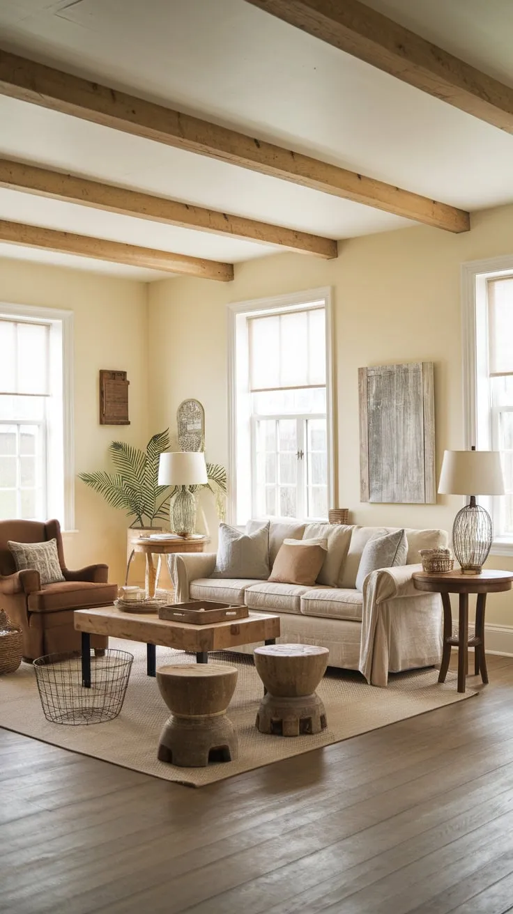 Cream walls, wooden beams, and vintage farmhouse charm create a serene and cozy living room haven.