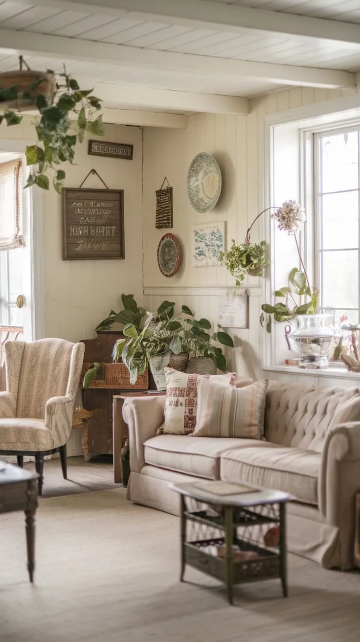 Creamy walls, wooden accents, and vintage charm create a cozy farmhouse living room perfect for relaxation.