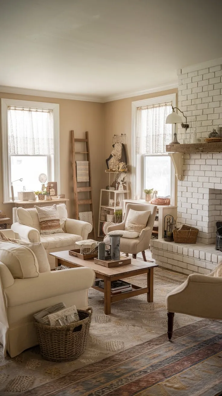 Creamy walls, vintage accents, and a cozy fireplace create a tranquil farmhouse living room.