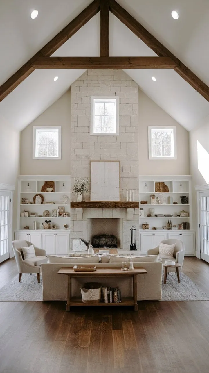 This open-plan farmhouse living room, anchored by a stunning stone fireplace and bathed in natural light, exudes a serene luxury that invites relaxation and connection.