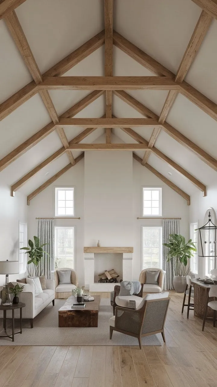 Sunlight bathes the farmhouse living room in warmth, where rustic charm meets modern simplicity in an inviting open-plan design.