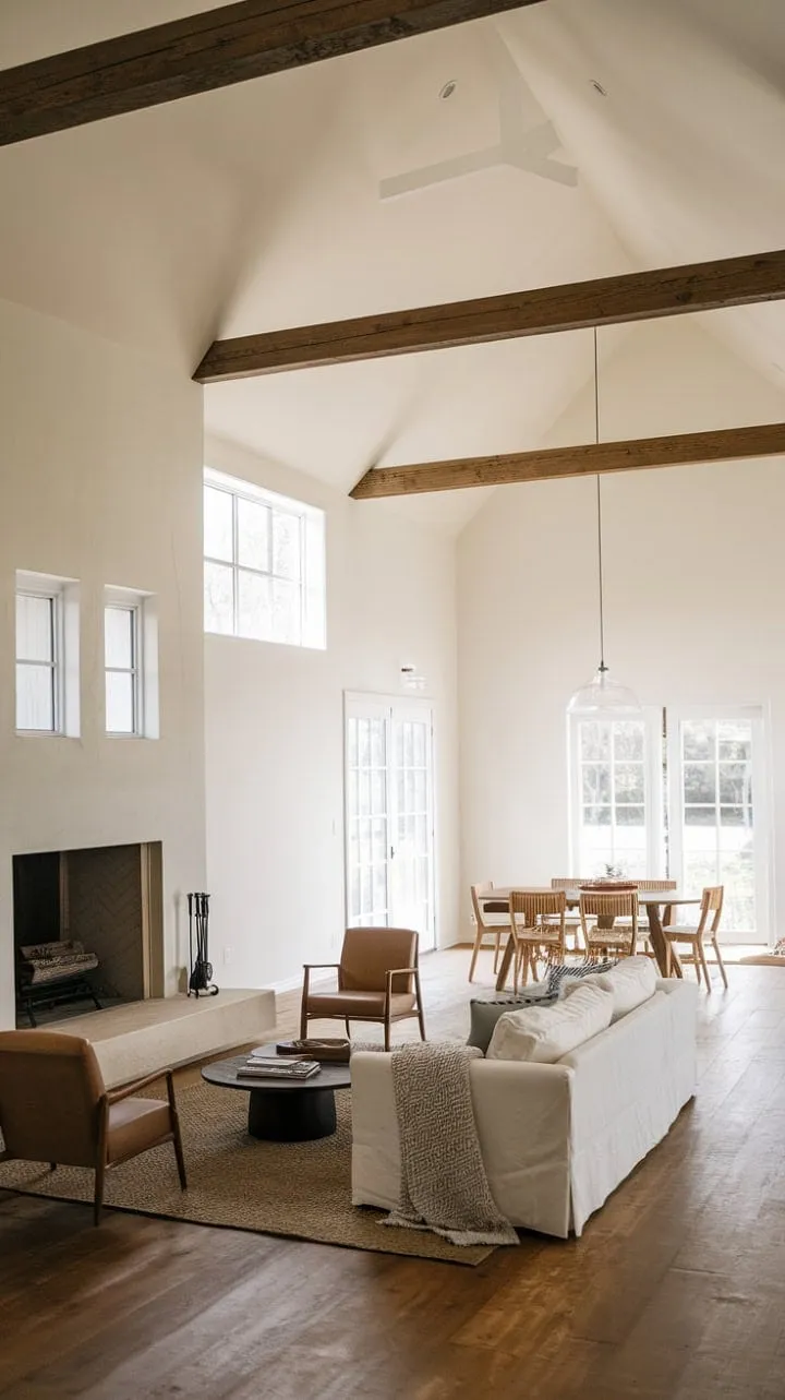 Sunlight floods the open-plan farmhouse living room, where warm wood accents and crisp white walls create a serene and inviting space perfect for relaxation and gatherings.