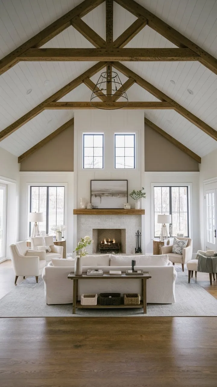 In this airy open-concept farmhouse, vast vaulted ceilings and a minimalist design highlight a striking fireplace with a windowed view, seamlessly blending living and dining spaces into an inviting retreat.