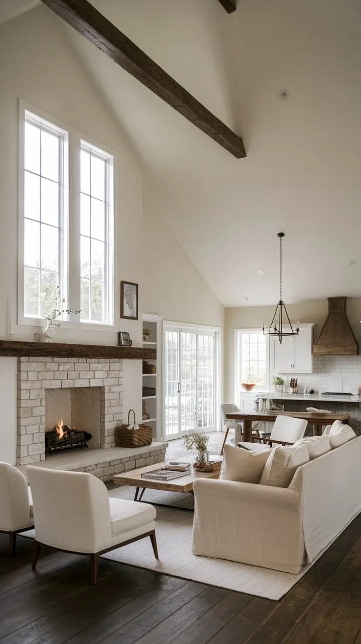 This open-concept farmhouse beautifully fuses rustic charm with modern simplicity, featuring a grand fireplace and vaulted ceilings that create a cozy yet stylish living space.