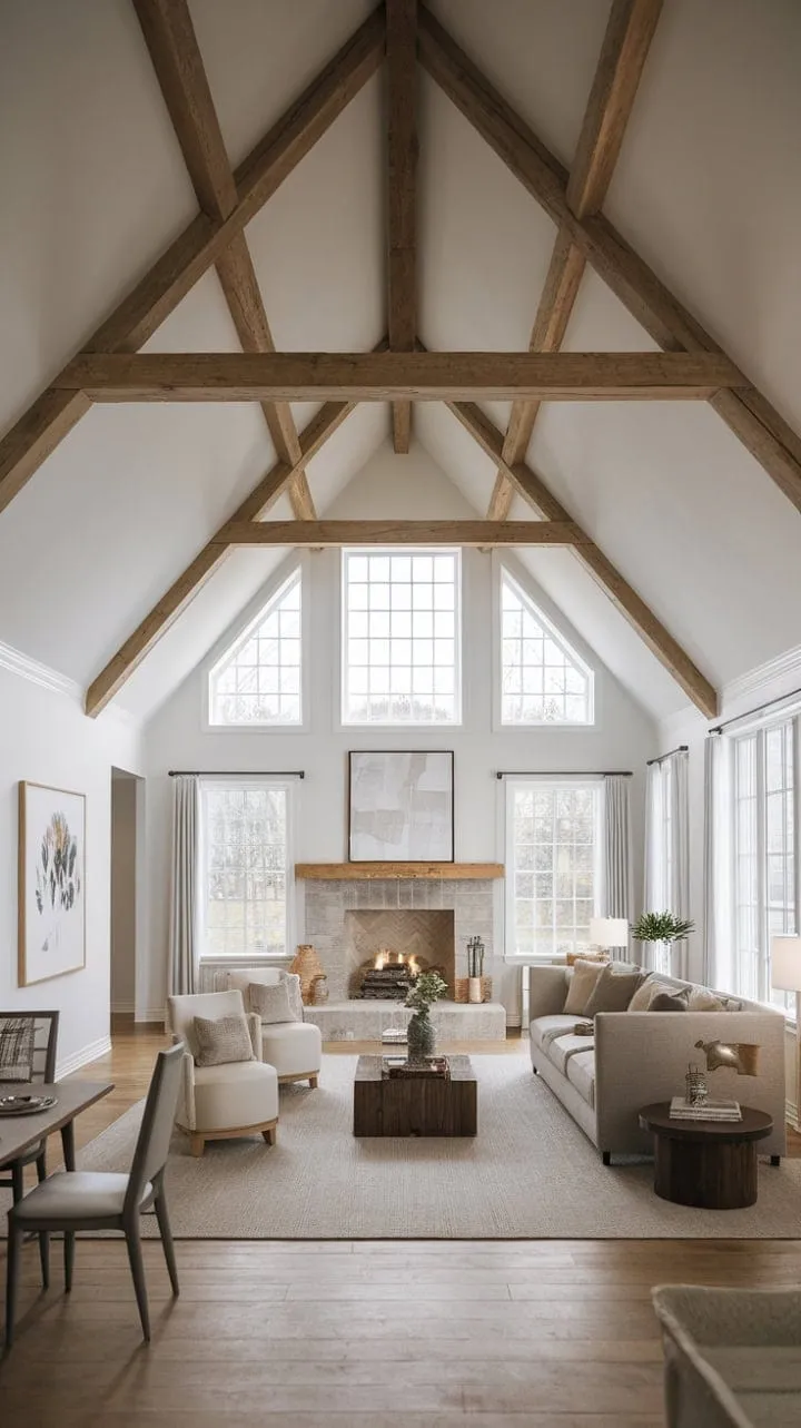 This minimalist farmhouse living room features a stunning vaulted ceiling and a striking fireplace, harmoniously blending rustic charm with modern simplicity while maximizing natural light and spaciousness.