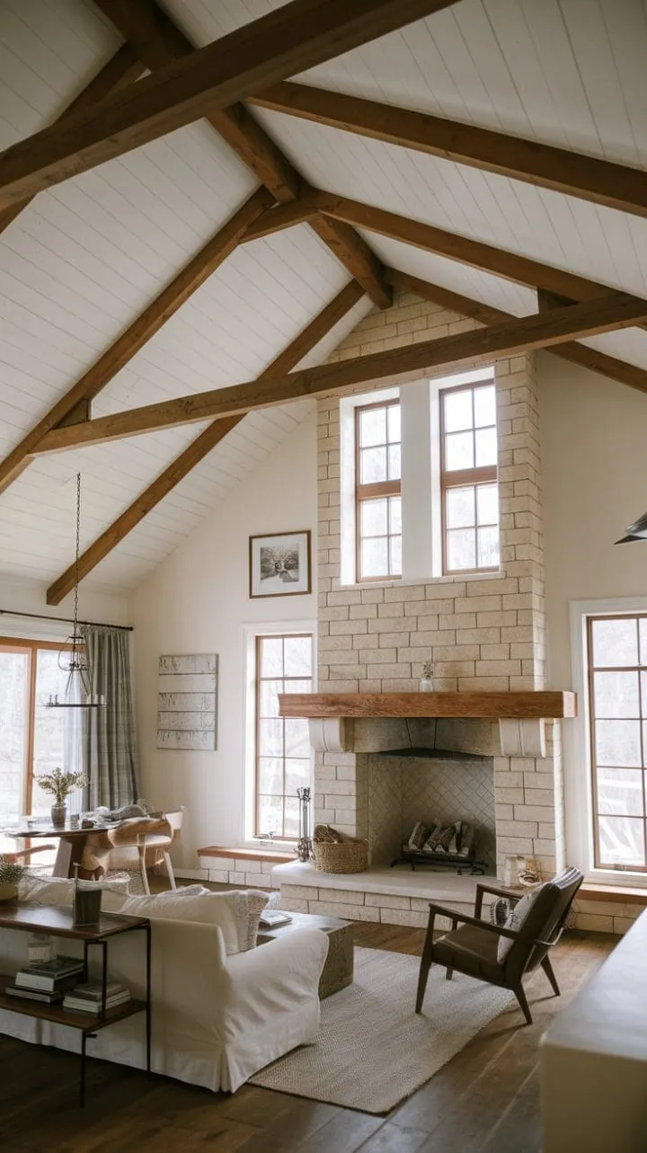 This farmhouse living room harmoniously fuses rustic charm with modern minimalism, featuring a striking stone fireplace and airy vaulted ceilings that invite both comfort and connection.