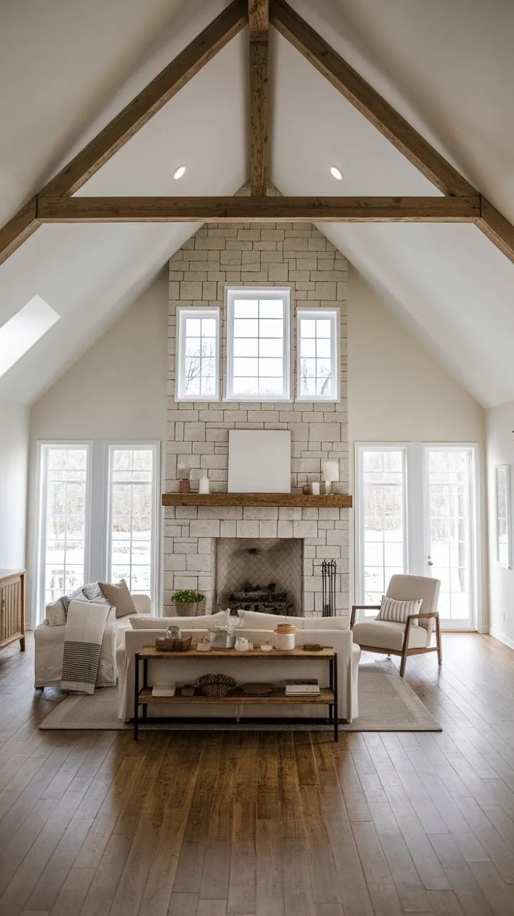 In this farmhouse living room, rustic charm harmonizes with modern minimalism, showcasing a stunning vaulted ceiling and stone fireplace that exude tranquility and spacious elegance.
