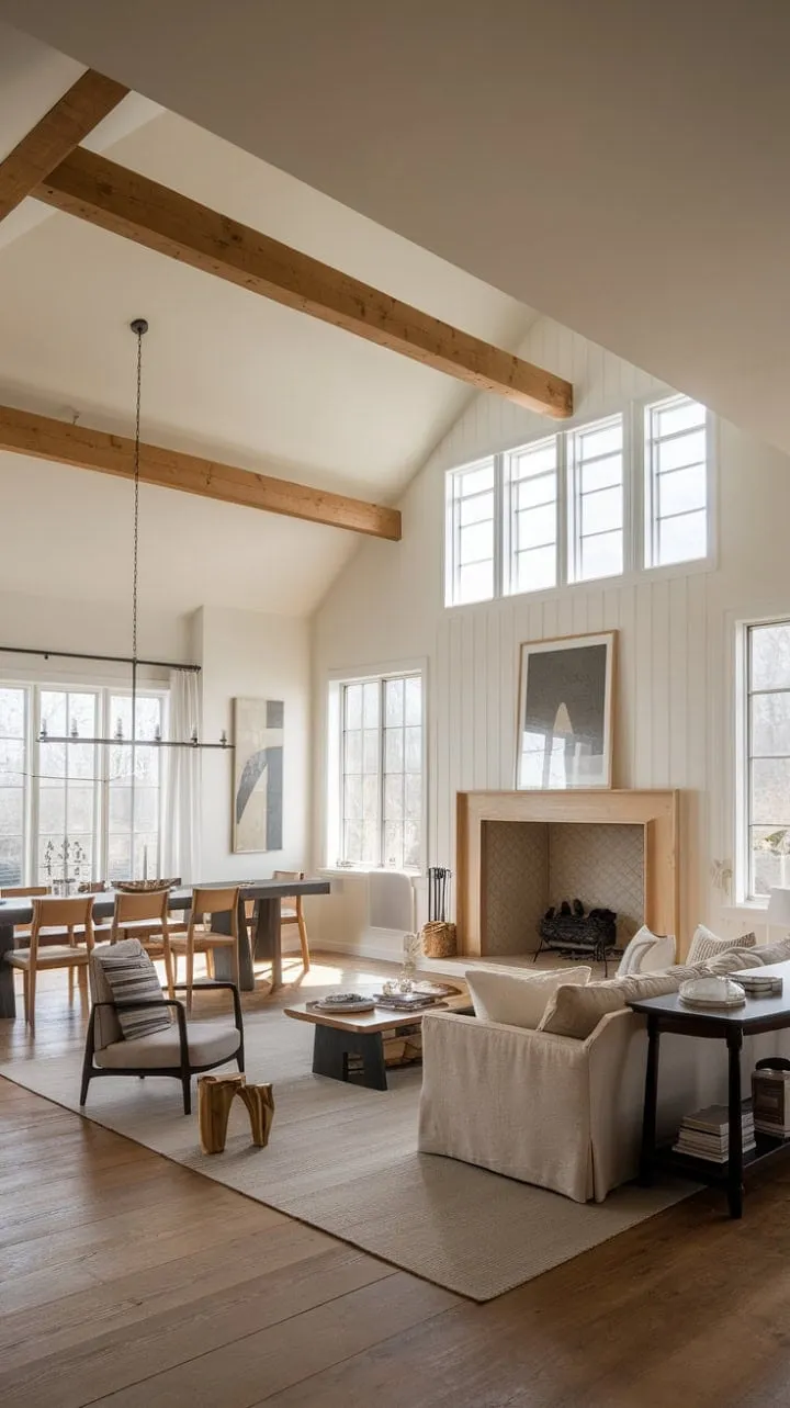 This farmhouse living room harmoniously blends the cozy warmth of wood with airy elegance, creating a tranquil retreat bathed in natural light.