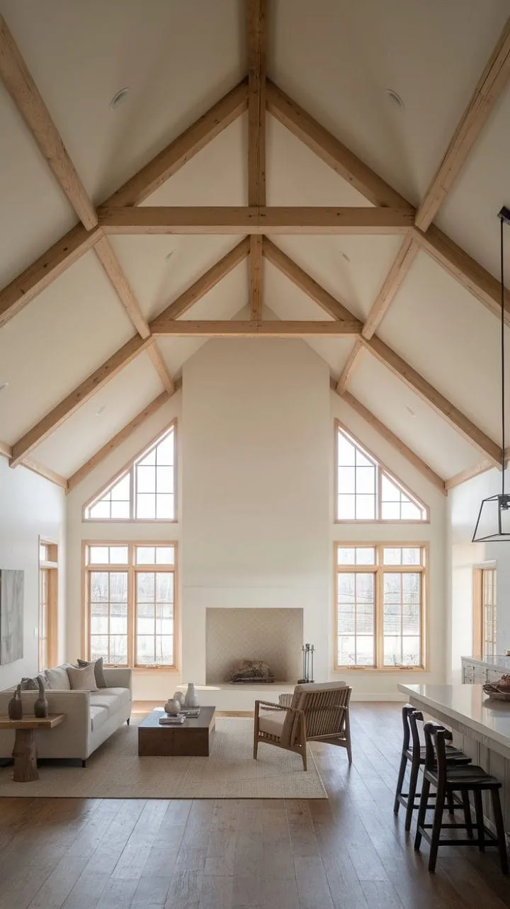 Bathed in sunlight, this serene farmhouse living room blends rich wood floors and minimalist decor with a cozy stone fireplace, creating an inviting oasis for relaxation.