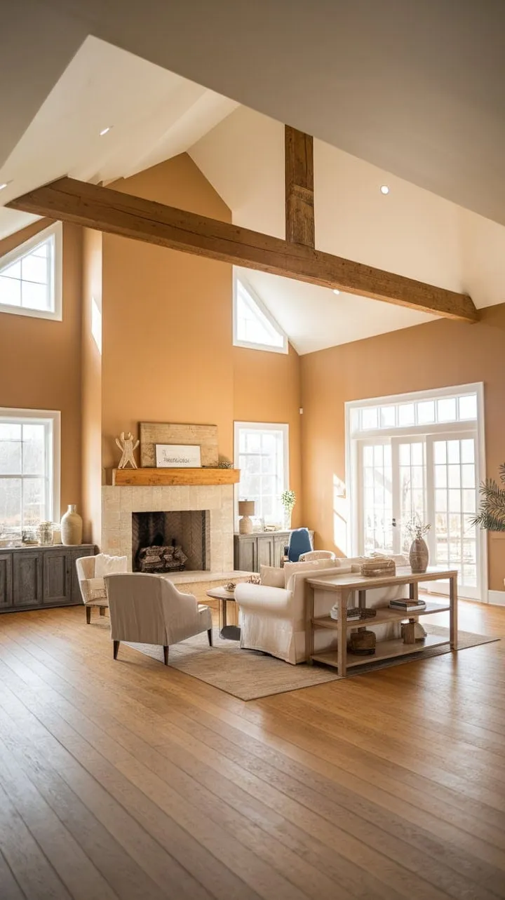 Sunlight dances through expansive windows, highlighting the cozy yet grand minimalist elegance of a farmhouse living room adorned with vaulted ceilings and exposed beams.