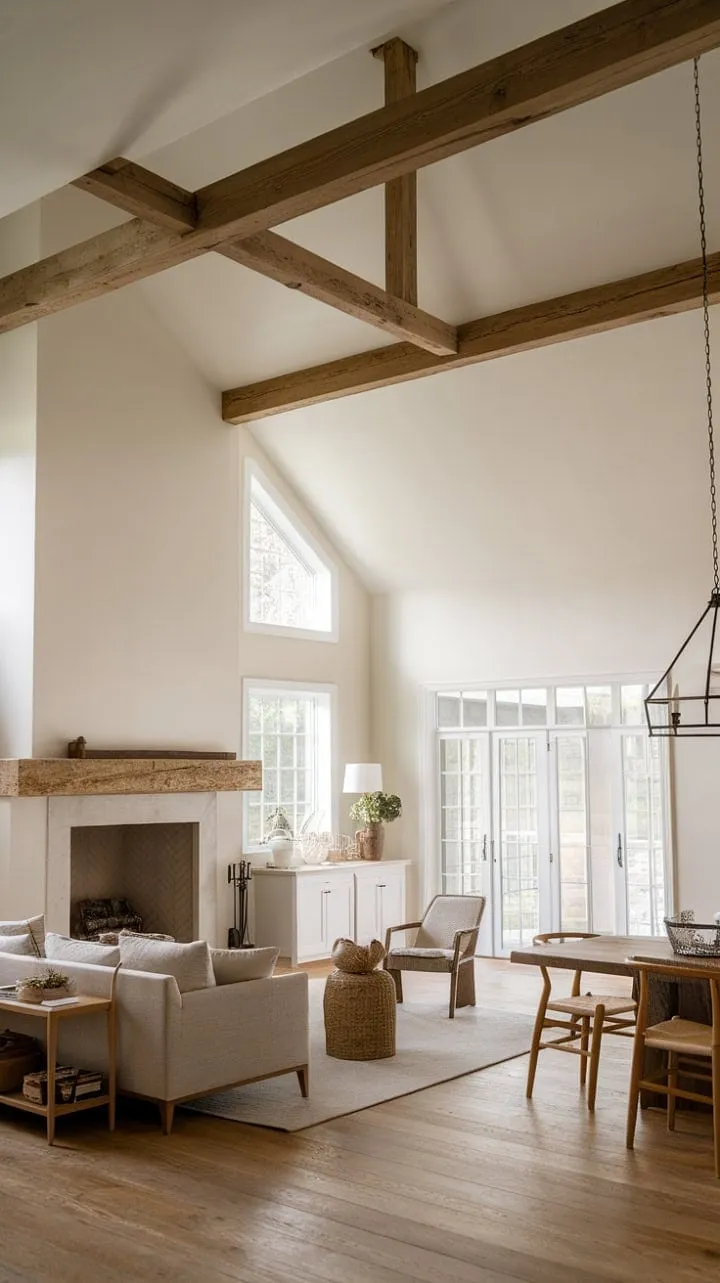 Bathed in sunlight, this minimalist farmhouse living room harmoniously blends warmth and natural beauty into a tranquil retreat.