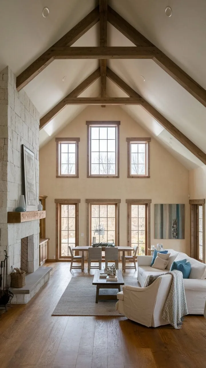 This minimalist farmhouse masterfully blends rustic elegance with modern comfort, featuring a stunning vaulted ceiling and stone fireplace that invite serenity and spaciousness.