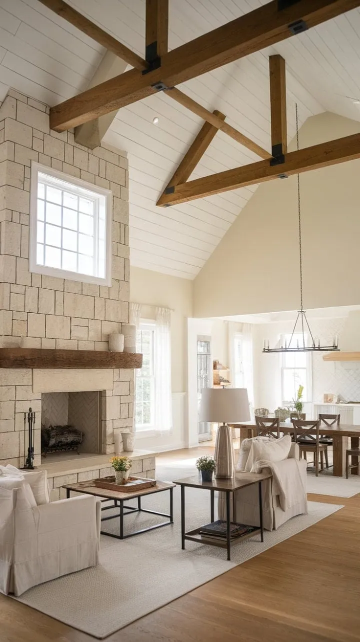 Bathed in sunlight, this farmhouse's open-plan living space showcases a stunning stone fireplace and striking architectural details, creating a serene blend of rustic charm and modern elegance.