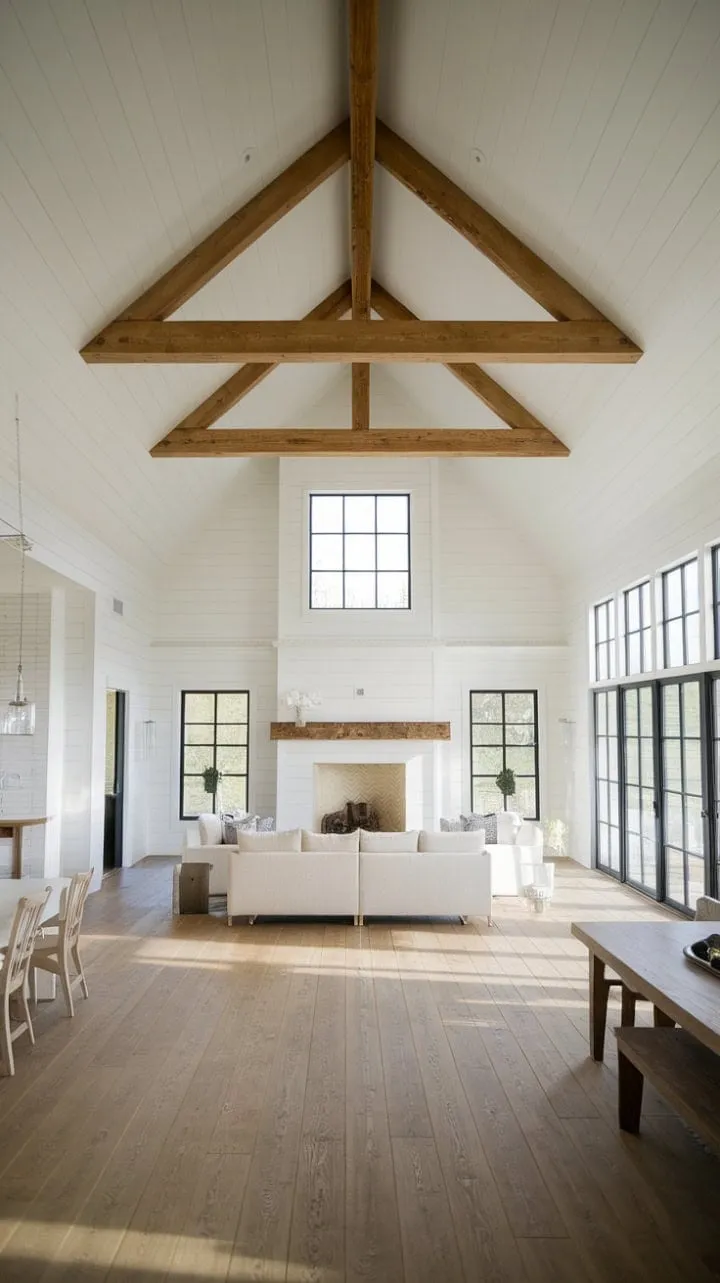 This stunning open-plan farmhouse features a soaring vaulted ceiling and a sunlit fireplace, harmonizing clean white walls and wide-plank wood floors for a serene and spacious retreat.