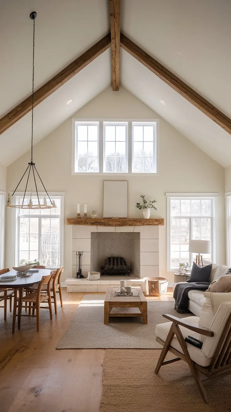 This farmhouse living room effortlessly combines the warmth of a traditional fireplace with the clean lines of minimalist design. The open floor plan flows seamlessly from the living area to the dining space, creating a welcoming and spacious environment. A testament to understated elegance.
