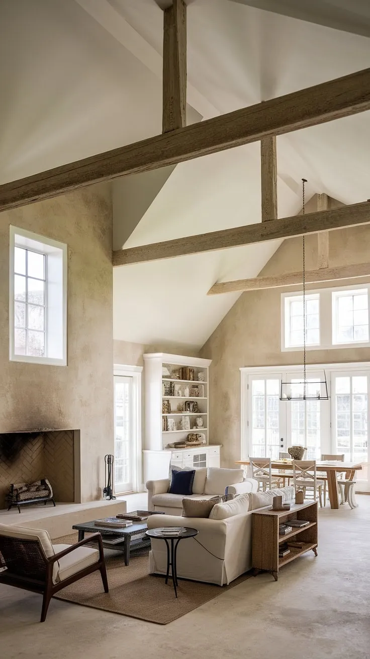 Rustic charm meets modern minimalism in this open-plan farmhouse living room. The vaulted ceiling and expansive windows bathe the space in natural light, highlighting the weathered beams and stone fireplace. A simple yet elegant furniture arrangement creates a comfortable and inviting atmosphere, perfect for both relaxing evenings and lively gatherings.