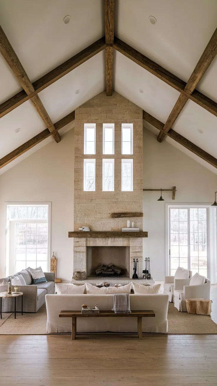 Rustic charm meets modern minimalism in this open-plan farmhouse living room. The towering stone fireplace, complete with built-in bench seating, is a stunning focal point, perfectly complemented by the vaulted ceiling and minimalist furniture arrangement. A sense of warmth and tranquility pervades the space, creating the perfect atmosphere for relaxation and connection. The carefully curated rustic decor adds character without overwhelming the airy feel.