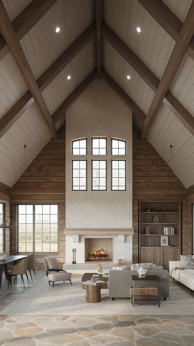 Sunlight streams through the expansive windows of this farmhouse living room, illuminating the warm wood and stone textures. The minimalist design, featuring a comfortable sofa and chair arranged around a grand fireplace, creates a welcoming and inviting atmosphere. The open floor plan seamlessly connects the living and dining areas, fostering a feeling of effortless flow and spaciousness.