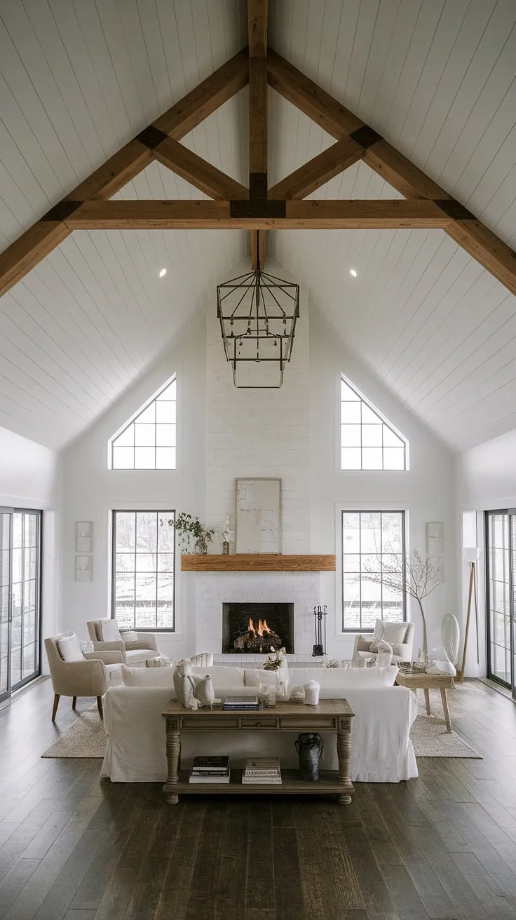 Sunlight streams through the expansive windows of this farmhouse living room, illuminating the vaulted ceiling and minimalist design. The large fireplace anchors the open floor plan, seamlessly connecting the living and dining areas, creating a space that's both inviting and airy. A perfect blend of rustic charm and modern simplicity.