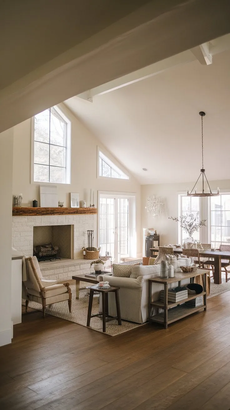 Sunlight streams through the expansive windows of this minimalist farmhouse, illuminating the warmth of the large stone fireplace and the rich tones of the hardwood floors. The open floor plan seamlessly connects the living and dining areas, creating a space that's both inviting and effortlessly chic. A perfect blend of rustic charm and modern simplicity.