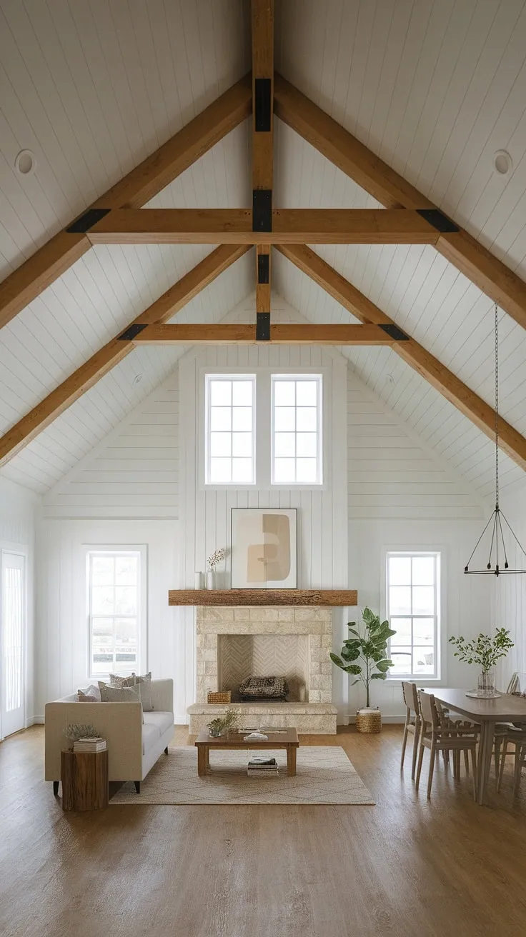 Rustic charm meets modern minimalism in this open-plan farmhouse living space. The vaulted ceiling with exposed wooden beams and a stunning stone fireplace, complete with ample windows, creates a warm and inviting atmosphere. A simple yet elegant living area flows seamlessly into a dining space, showcasing the perfect blend of comfort and style. This home effortlessly balances the cozy feel of a farmhouse with the clean lines of contemporary design.