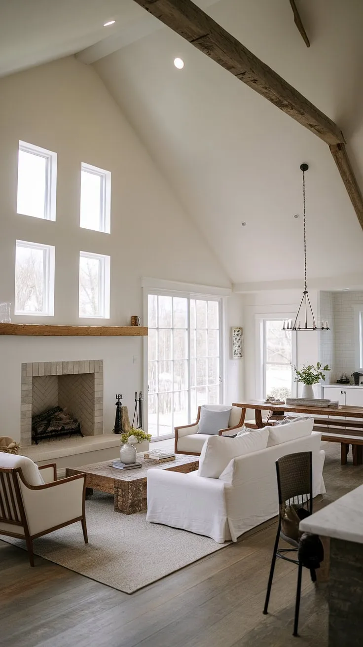 Rustic charm meets modern minimalism in this open-concept farmhouse living space. The soaring vaulted ceiling and expansive windows, framing a breathtaking view, create a sense of airy spaciousness, while the large fireplace anchors the room, providing warmth and a focal point. The seamless flow between the living and dining areas enhances the feeling of comfortable, everyday luxury.
