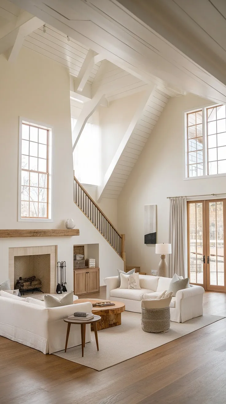 Sunlight streams through the expansive windows of this minimalist farmhouse living room, illuminating the vaulted ceiling and highlighting the warmth of the stone fireplace. A wooden staircase adds a touch of rustic charm, creating a space that's both airy and inviting. The open floor plan allows for seamless flow, making it the perfect place to relax and unwind.