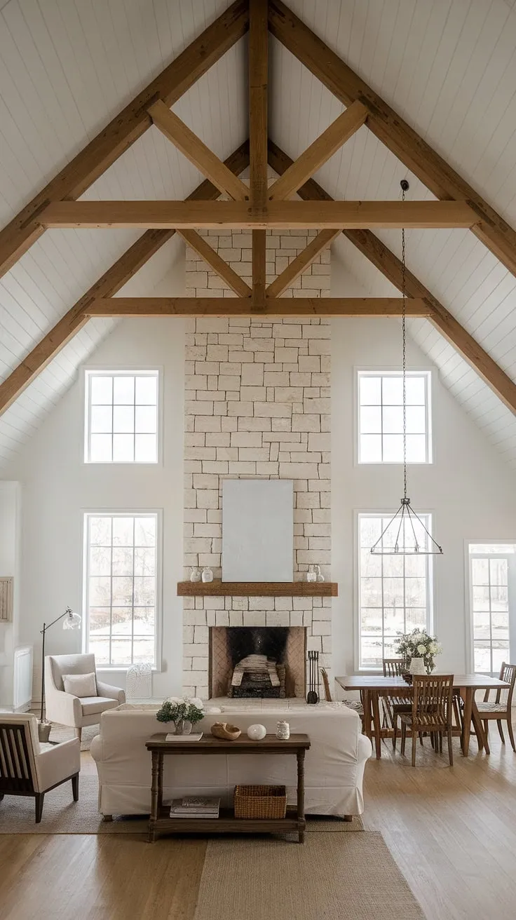 Sunlight streams through the expansive windows flanking the stone fireplace, illuminating the minimalist elegance of this farmhouse living room. The vaulted ceiling and open floor plan create a sense of airy spaciousness, perfectly complemented by the rustic charm of exposed wooden beams. A perfect blend of modern comfort and timeless appeal.