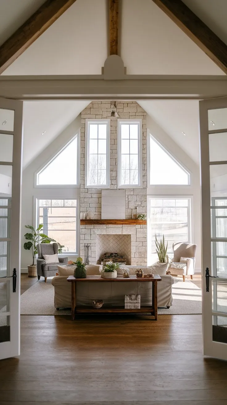 This farmhouse living room is a sanctuary of warmth and light. The large windows, vaulted ceiling, and stone fireplace with a wooden mantel create a dramatic yet inviting atmosphere. Simple, natural materials and a minimalist approach to decor enhance the feeling of comfort and tranquility. The open floor plan seamlessly connects the living area, fostering a sense of togetherness.