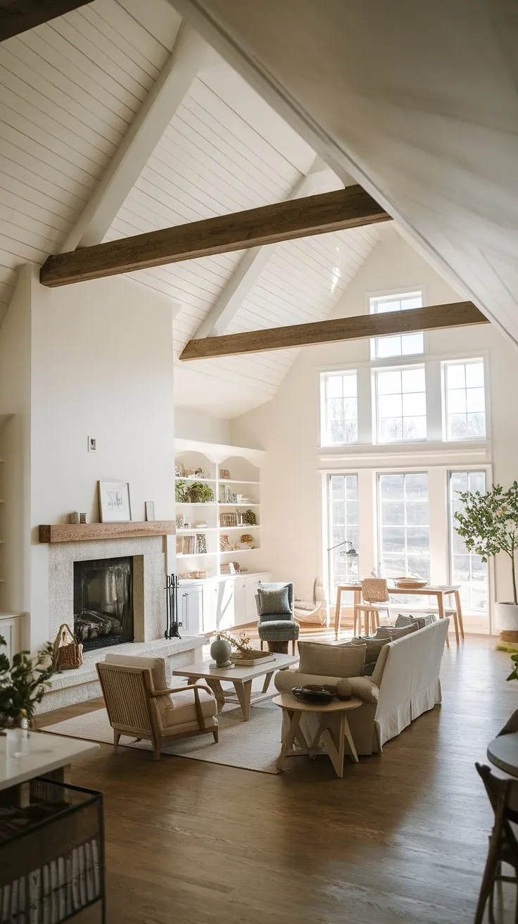 This airy farmhouse living room boasts a stunning vaulted ceiling and a fireplace that anchors the space. The minimalist furniture arrangement, featuring a comfortable sofa and chair, allows the natural light and architectural details to take center stage. A simple plant adds a touch of life to this serene and inviting retreat, showcasing the beauty of understated elegance.