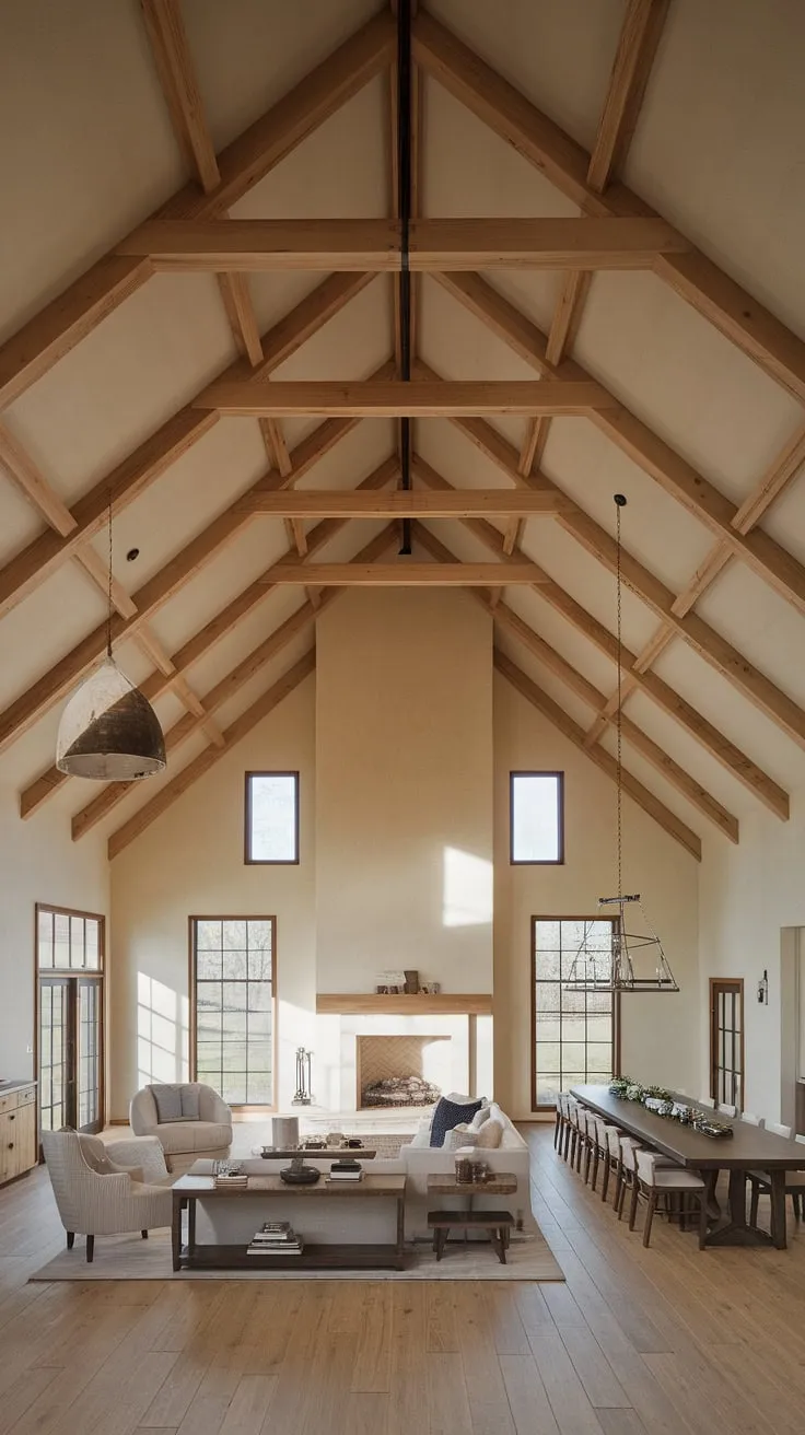 Rustic charm meets modern minimalism in this open-plan farmhouse living space. The vaulted ceiling with exposed wooden beams and a large stone fireplace create a warm and inviting atmosphere, perfectly complemented by the minimalist furniture and spacious dining area. A perfect blend of comfort and style.