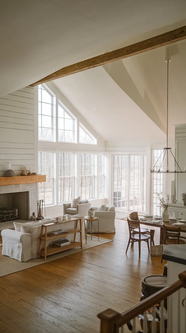 Sunlight streams through expansive windows, illuminating the minimalist elegance of this open-plan farmhouse living space. The warmth of the large fireplace complements the airy vaulted ceiling, creating a haven of calm and understated luxury. A seamless transition to the dining area completes this idyllic scene.