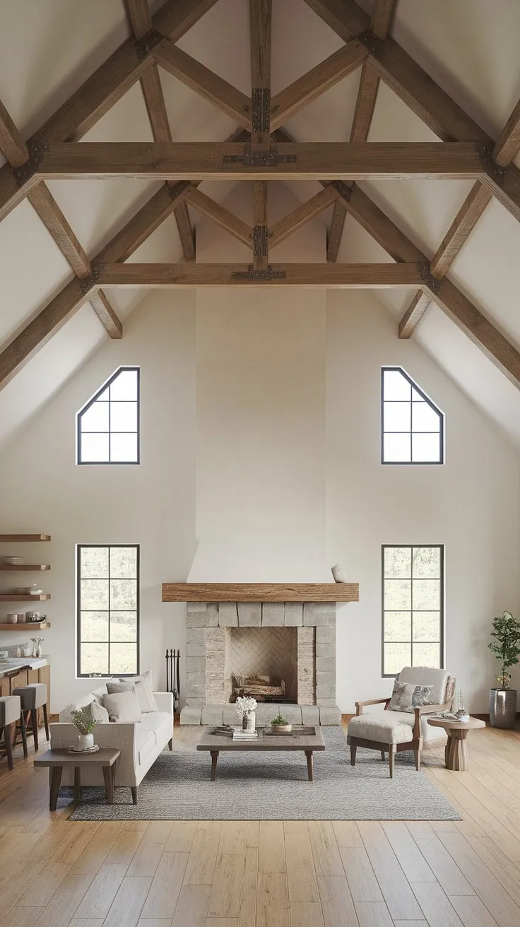 This farmhouse boasts a breathtaking living area, showcasing a stunning stone fireplace as its centerpiece. The high ceilings and abundant natural light, streaming in from the large windows flanking the fireplace, create an airy and inviting atmosphere. A testament to thoughtful design and comfortable living.
