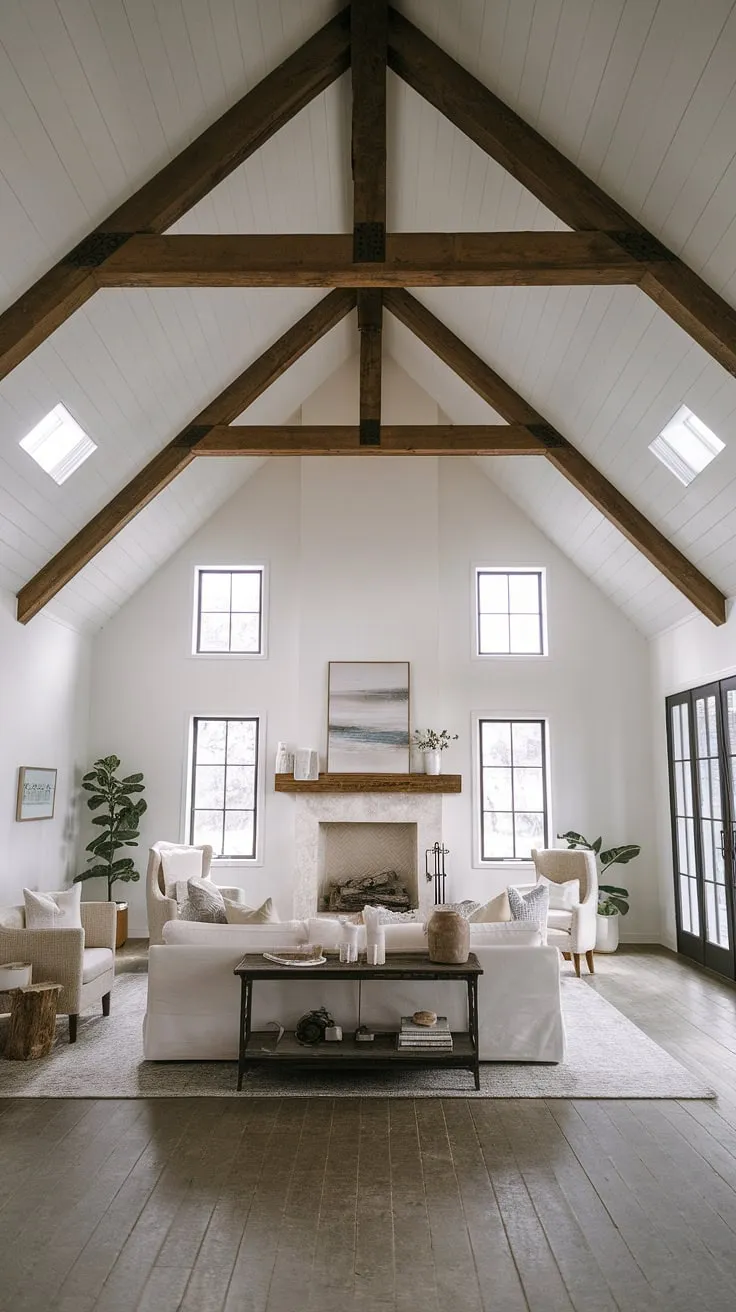 Sunlight streams through the expansive windows of this farmhouse living room, illuminating the minimalist design and rustic details. The towering fireplace is a stunning focal point, perfectly complementing the vaulted ceiling and open floor plan. A tranquil retreat, effortlessly stylish.