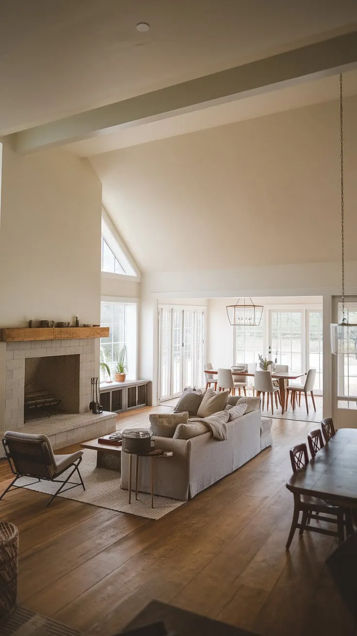 A breathtaking view meets a cozy interior. This farmhouse's open floor plan seamlessly connects the living and dining areas, creating a space that's both functional and aesthetically pleasing. The vaulted ceiling and large fireplace add to the grandeur, while the minimalist furniture keeps the focus on the stunning natural light and the overall sense of calm. A perfect escape.