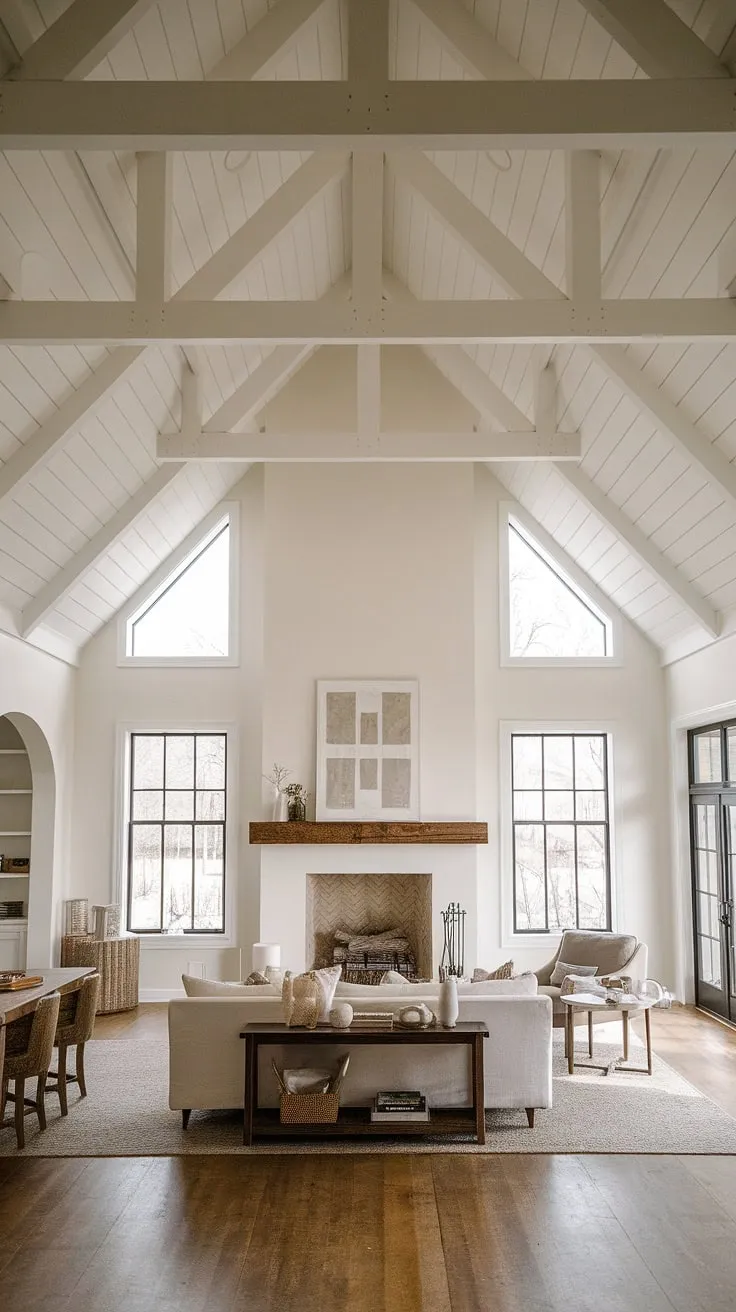 This farmhouse's vaulted ceilings and open layout amplify the sense of space and light. The large fireplace, with its unique windowed design, is a stunning focal point, perfectly complementing the clean lines and minimalist furniture. A tranquil retreat where modern living meets timeless design.