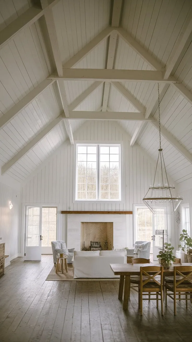 Rustic charm meets modern minimalism in this farmhouse living space. The vaulted ceiling and exposed wooden beams create a sense of airy spaciousness, while the minimalist design and large fireplace with windows offer a cozy and inviting atmosphere. A stunning chandelier adds a touch of elegance to the open floor plan, seamlessly connecting the living and dining areas.