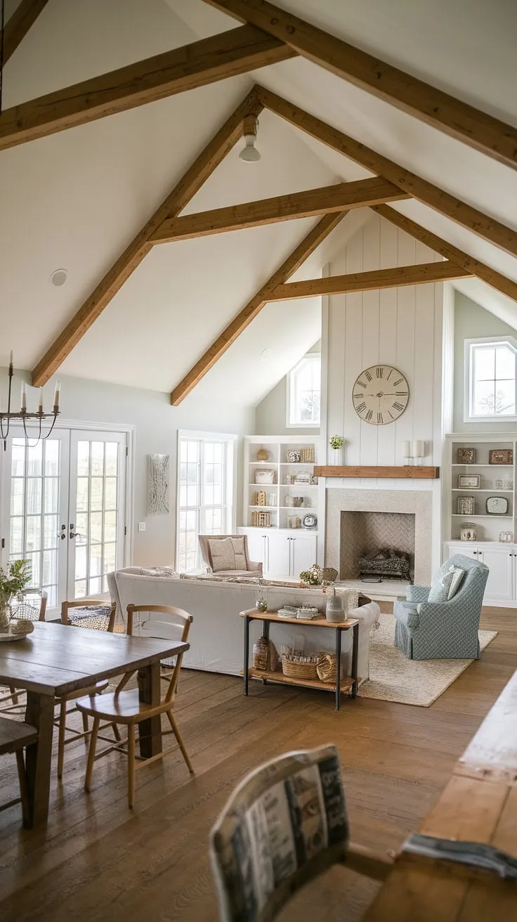 This farmhouse living room is the epitome of relaxed elegance. The expansive floor plan seamlessly connects the living area, dining space, and fireplace, creating a fluid and inviting environment. Natural light streams in through the expansive windows, illuminating the warm wood tones and rustic architectural details. A perfect blend of comfort and style, this space is designed for effortless living and cherished memories.