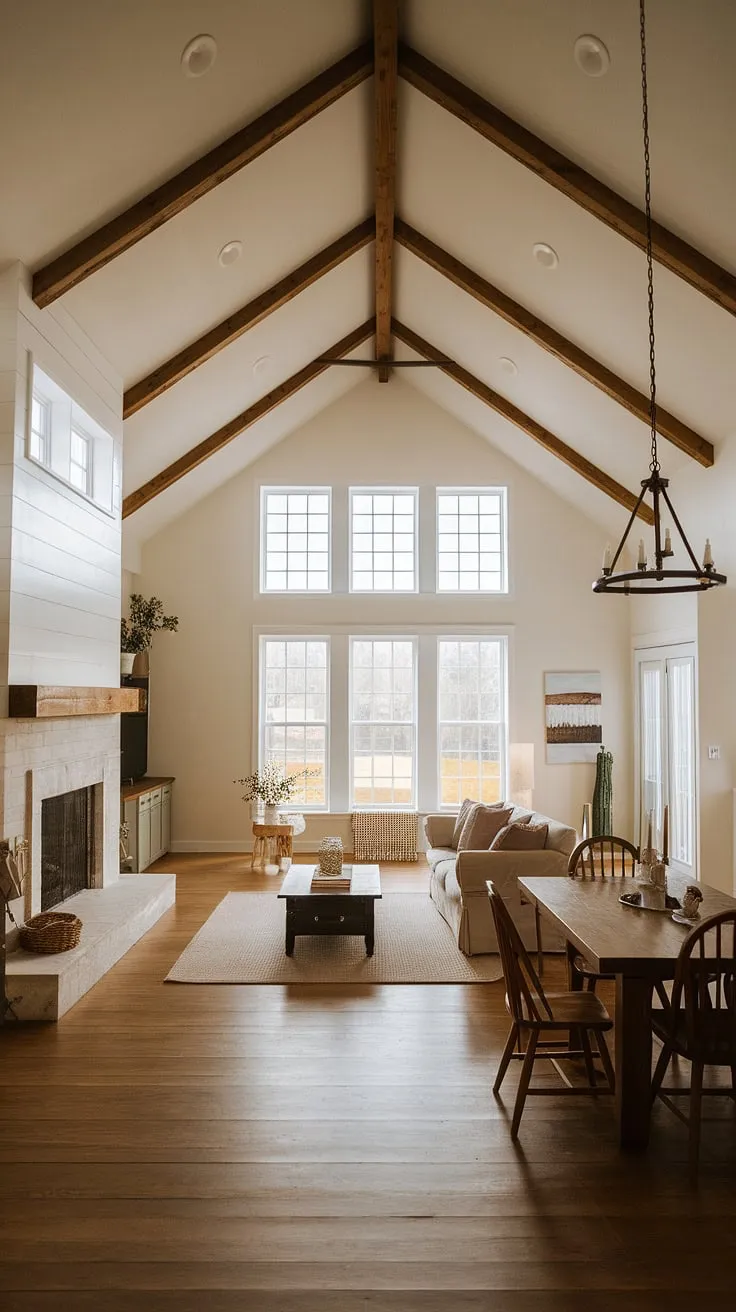 This farmhouse living room effortlessly blends rustic elements with a clean, minimalist aesthetic. The soaring vaulted ceiling and strategically placed windows maximize natural light, highlighting the A. beautiful textures and warm tones throughout the space. The open floor plan seamlessly connects the living and dining areas, creating a welcoming environment for both relaxation and entertaining.