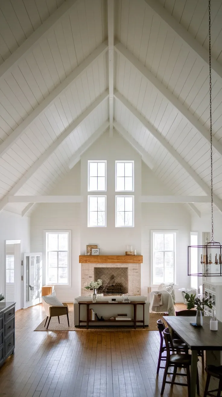 This stunning farmhouse boasts a spacious open-plan living area, defined by its soaring vaulted ceiling and minimalist aesthetic. The large fireplace, flanked by windows, provides a focal point, while the natural light and warm wood floors create a welcoming atmosphere. The adjacent dining area completes this effortlessly chic and functional space.