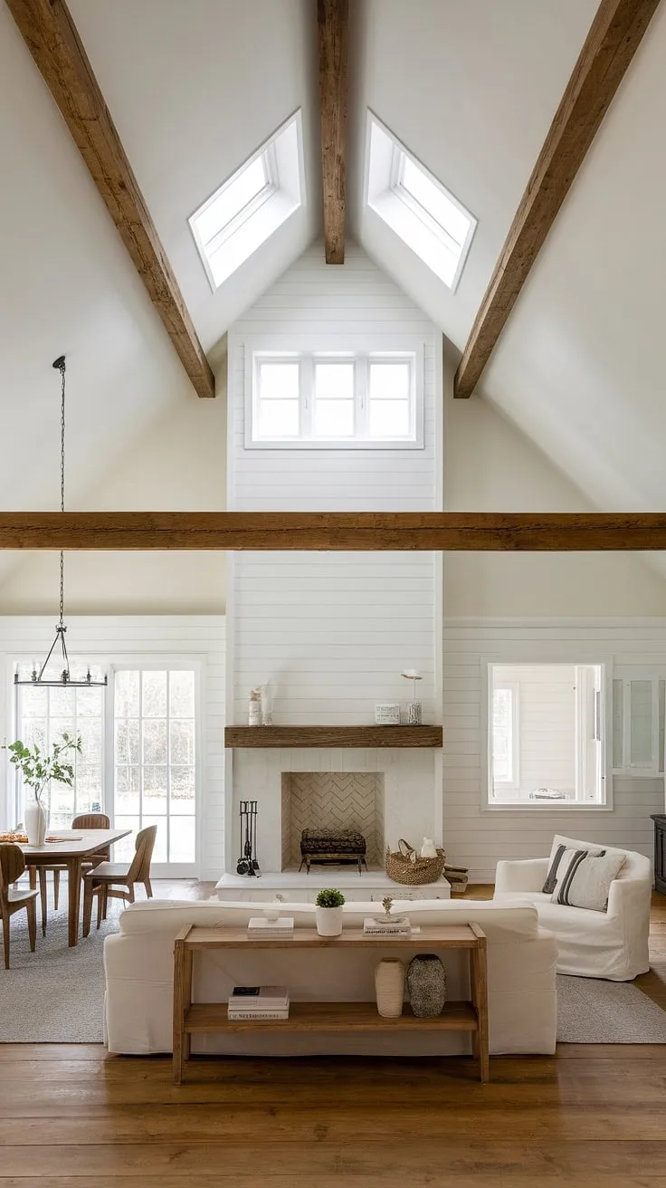 Rustic charm meets modern ease in this open-concept farmhouse living space. The soaring ceilings and expansive windows, framed by exposed wooden beams, create a breathtaking ambiance, while the minimalist living room and fireplace offer a cozy retreat. A seamless transition into the dining area completes this idyllic scene. The natural light and warmth of the wood floors and beams create a space that feels both inviting and elegant.