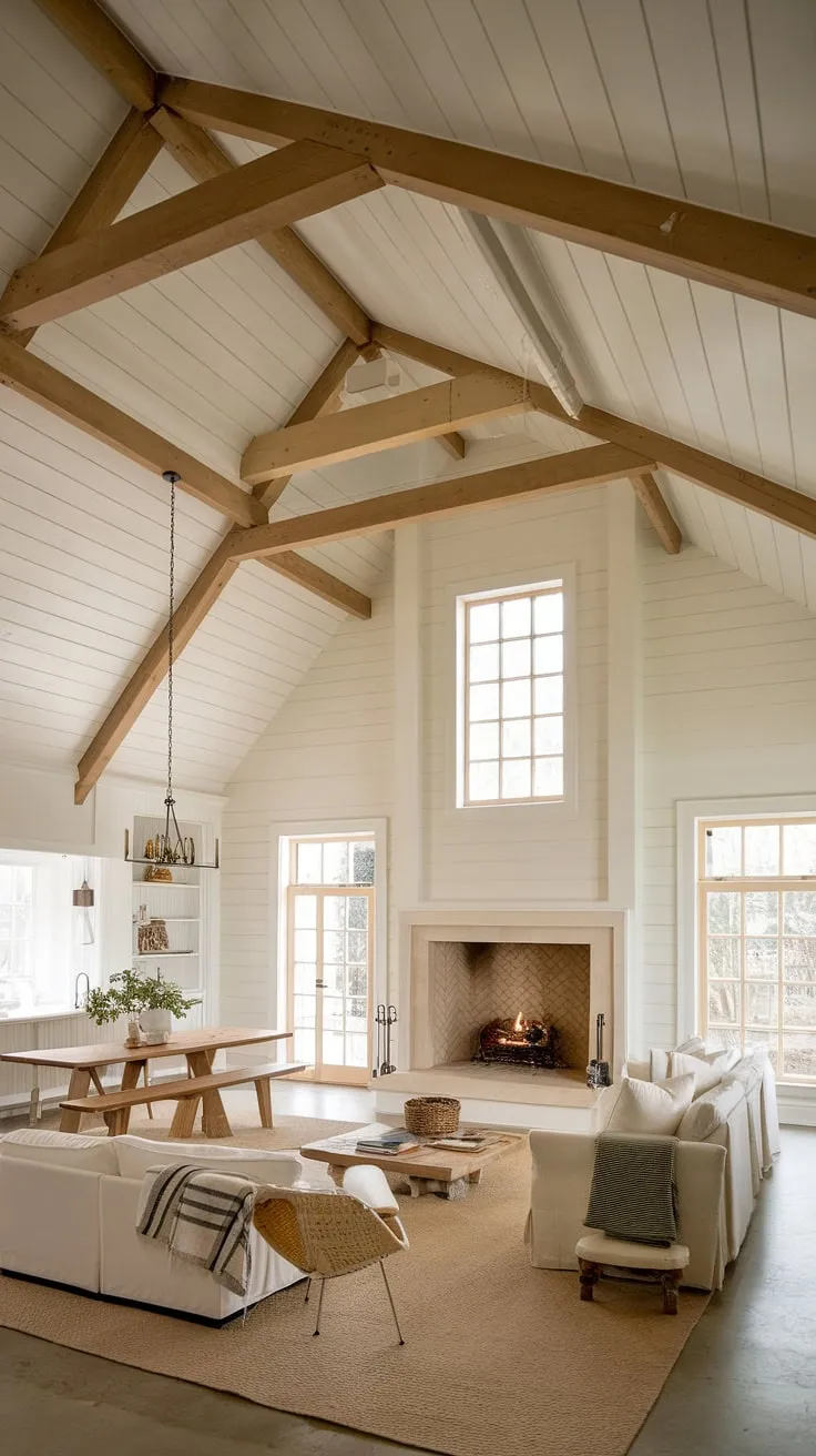 This stunning farmhouse boasts an open-concept living area, showcasing a breathtaking fireplace as its centerpiece. The high vaulted ceiling with its impressive wooden beams adds architectural interest, while the minimalist design and neutral color scheme create a sense of calm and serenity. A perfect blend of rustic and contemporary, this space is both inviting and effortlessly stylish.
