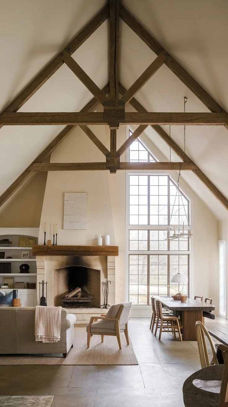 This stunning farmhouse boasts an open floor plan that seamlessly connects the living and dining areas. The focal point, a magnificent stone fireplace with a wooden mantel, anchors the space, while the exposed beams and minimalist decor enhance the feeling of a spaciousness and tranquility.
