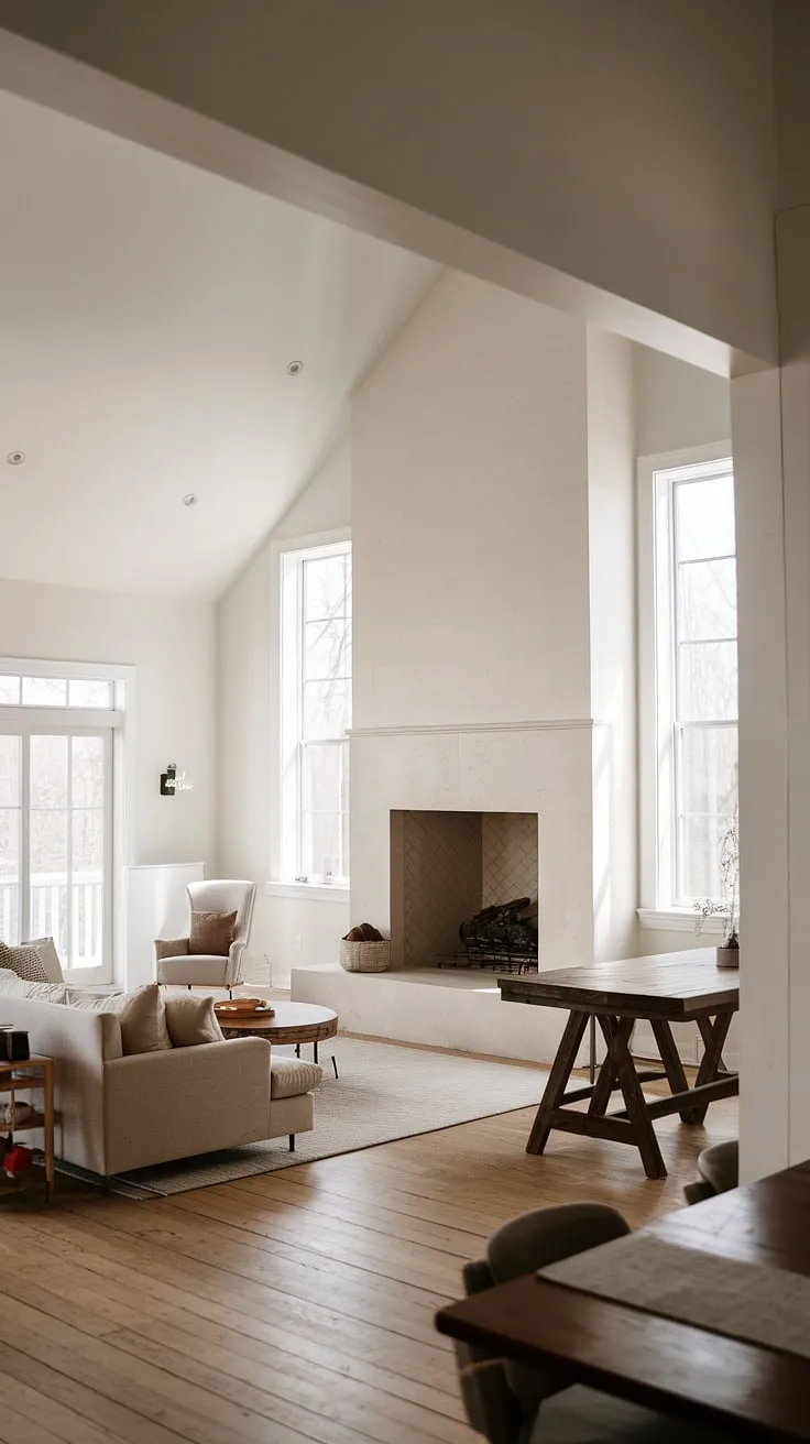 This minimalist haven boasts a stunning fireplace as its centerpiece, flanked by windows that bathe the room in natural light. The high vaulted ceiling and open concept design amplify the feeling of space and serenity, creating a tranquil retreat where comfort and style seamlessly coexist.