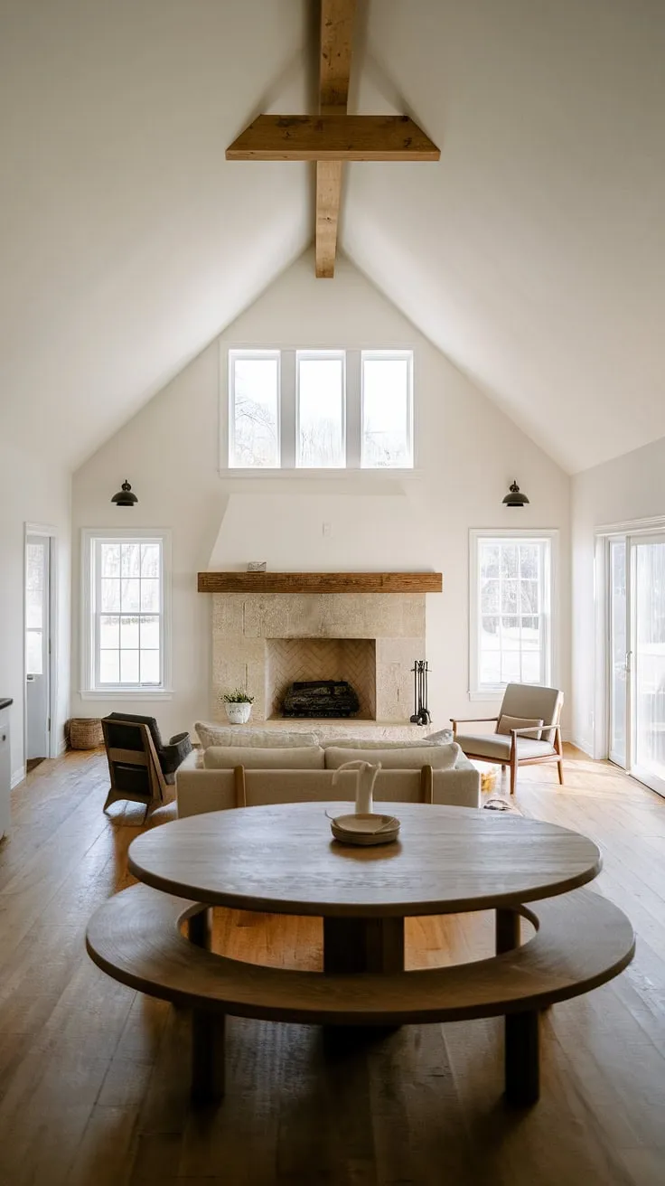 This farmhouse's open-concept design seamlessly blends living and dining areas, creating a spacious and inviting atmosphere. The large, round dining table anchors the space, while the stone fireplace, bathed in natural light, adds a touch of rustic warmth. A testament to the beauty of simple, functional design.